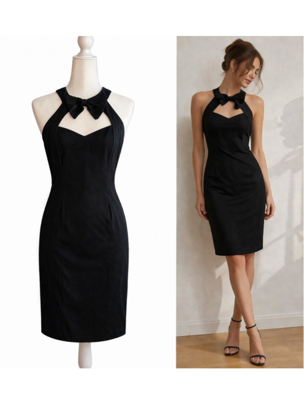 90s Vintage Little Black Dress Bow Detail Halter Bodycon Mini